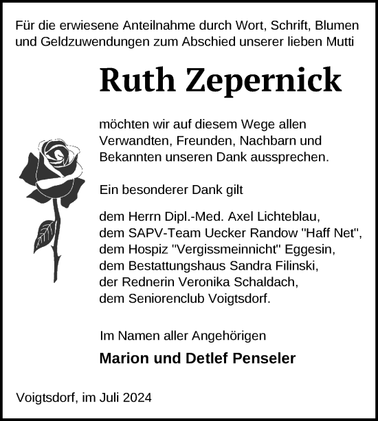 Traueranzeige von Ruth Zepernick von Nordkurier Strelitzer Zeitung