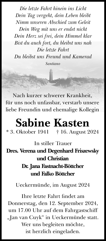  Traueranzeige für Sabine Kasten vom 24.08.2024 aus Nordkurier Haff-Zeitung