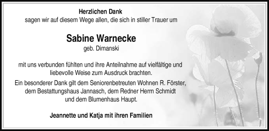 Traueranzeige von Sabine Warnecke von Der Prignitzer