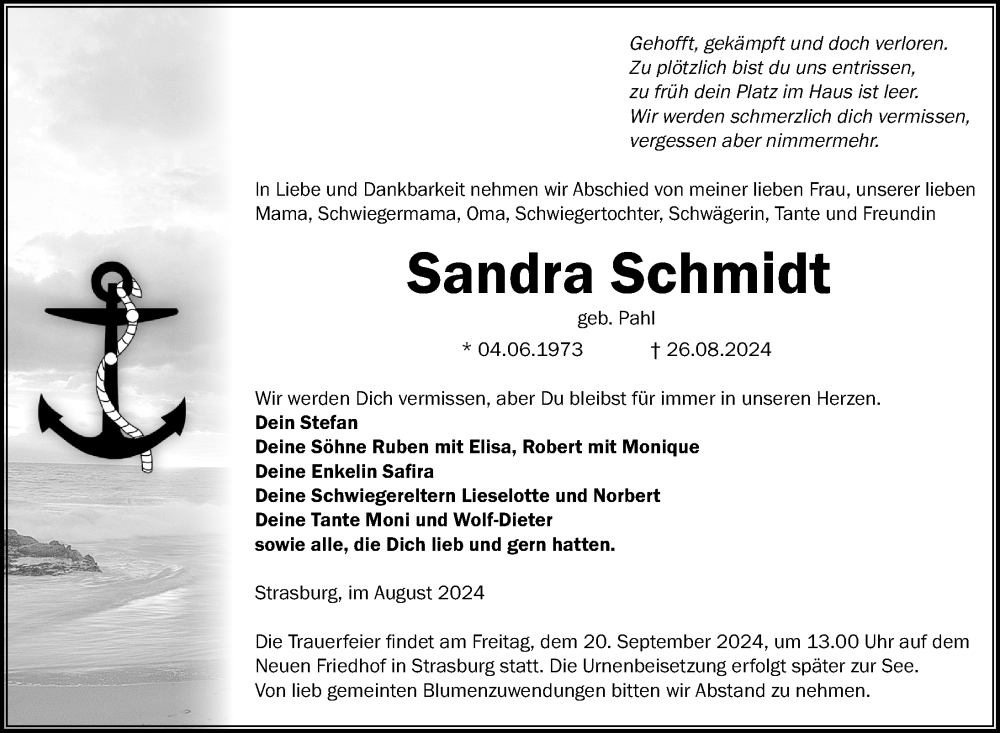  Traueranzeige für Sandra Schmidt vom 31.08.2024 aus Nordkurier Strelitzer Zeitung