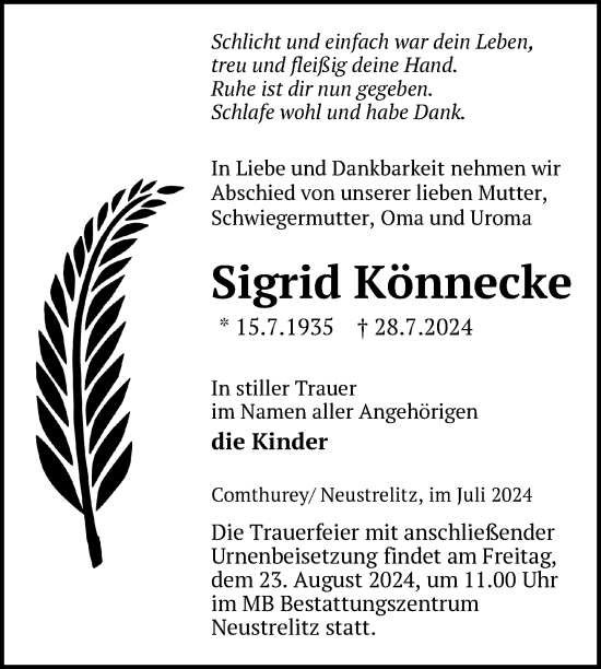 Traueranzeige von Sigrid Könnecke von Nordkurier Strelitzer Zeitung