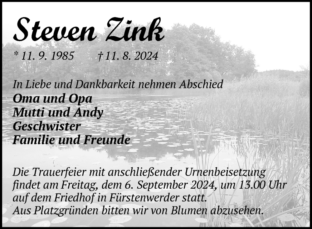  Traueranzeige für Steven Zink vom 20.08.2024 aus Uckermark Kurier Prenzlauer Zeitung