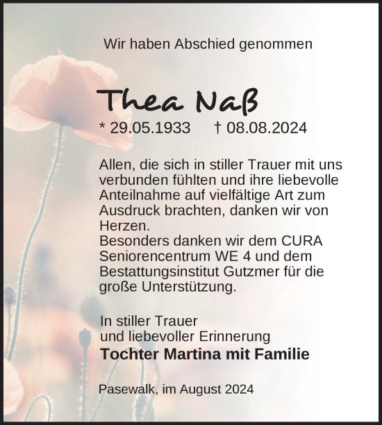 Traueranzeige von Thea Naß von Nordkurier Pasewalker Zeitung