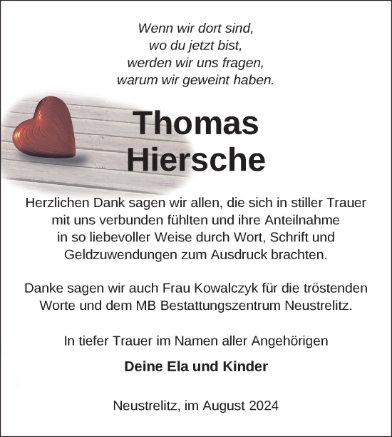 Traueranzeige von Thomas Hiersche von Nordkurier Strelitzer Zeitung