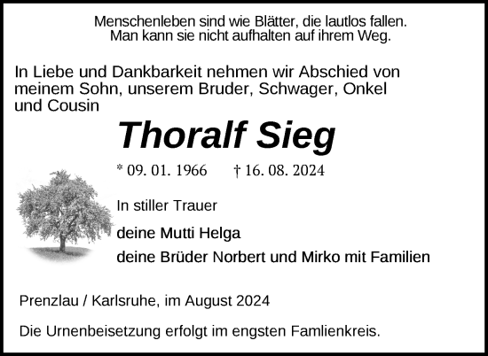 Traueranzeige von Thoralf Sieg von Uckermark Kurier Prenzlauer Zeitung