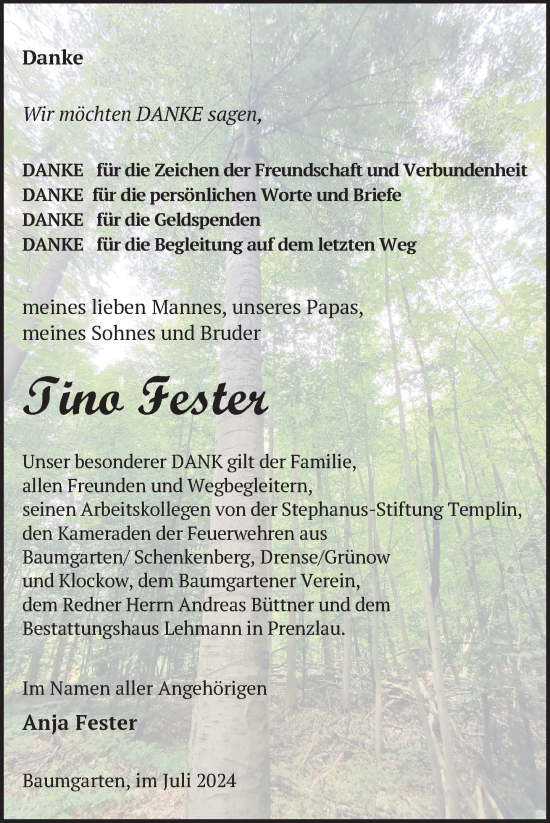 Traueranzeige von Tino Fester von Uckermark Kurier Prenzlauer Zeitung