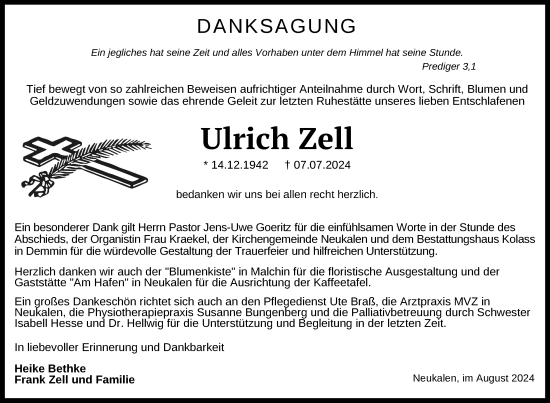 Traueranzeige von Ulrich Zell von Nordkurier Mecklenburger Schweiz