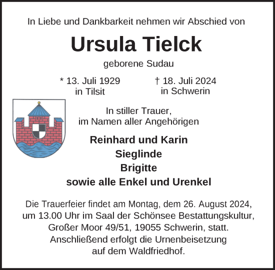 Traueranzeige von Ursula Tielck von Zeitung für die Landeshauptstadt