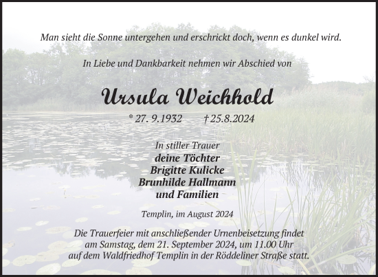 Traueranzeige von Ursula Weichhold von Uckermark Kurier Templiner Zeitung