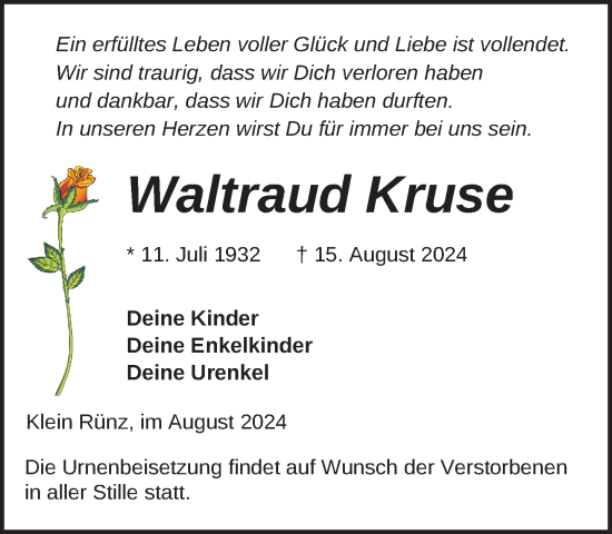 Traueranzeige von Waltraud Kruse von Gadebusch - Rehnaer Zeitung