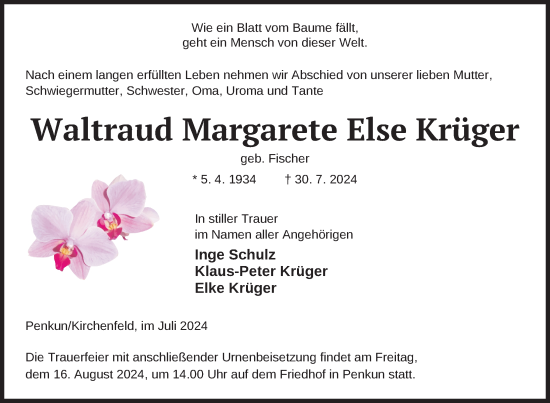 Traueranzeige von Waltraud Margarete Else Krüger von Nordkurier Pasewalker Zeitung