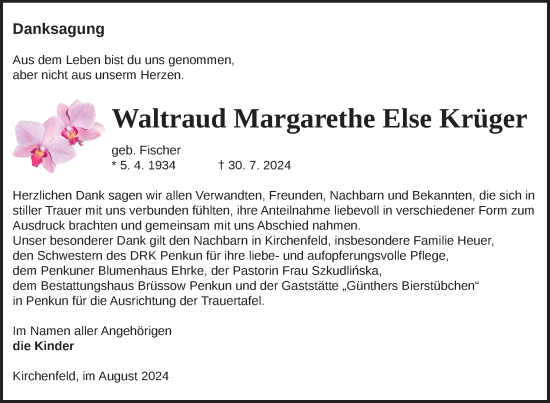 Traueranzeige von Waltraud Margarethe Else Krüger von Nordkurier Pasewalker Zeitung