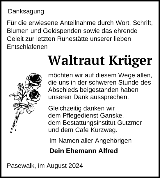 Traueranzeige von Waltraut Krüger von Nordkurier Pasewalker Zeitung