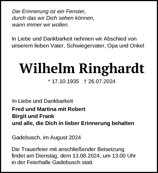 Traueranzeige von Wilhelm Ringhardt von Gadebusch - Rehnaer Zeitung