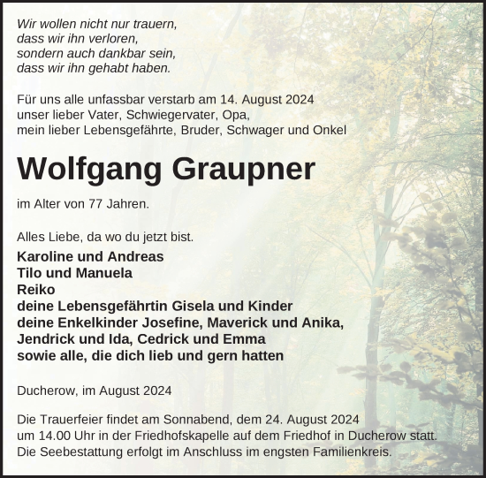 Traueranzeige von Wolfgang Graupner von Nordkurier Vorpommern Kurier