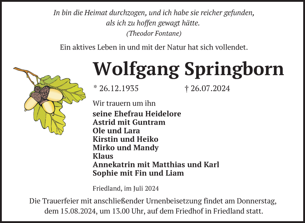  Traueranzeige für Wolfgang Springborn vom 02.08.2024 aus Nordkurier Neubrandenburger Zeitung