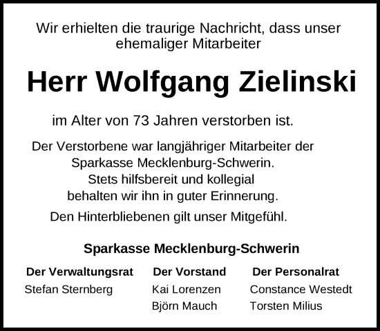 Traueranzeige von Wolfgang Zielinski von Hagenower Kreisblatt