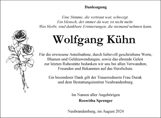 Traueranzeige von Wolfgang Kühn von Nordkurier Neubrandenburger Zeitung