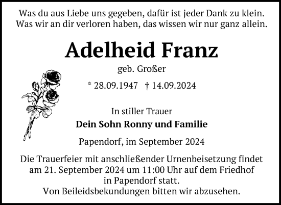 Traueranzeige von Adelheid Franz von Nordkurier Pasewalker Zeitung