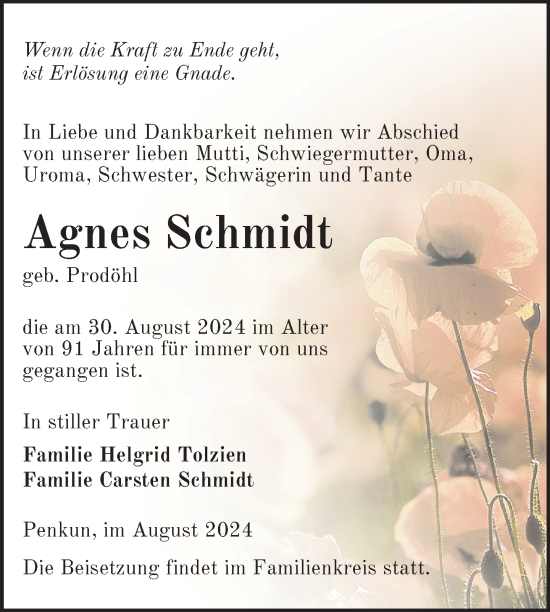 Traueranzeige von Agnes Schmidt von Nordkurier Pasewalker Zeitung