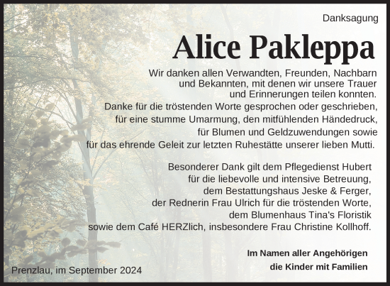 Traueranzeige von Alice Pakleppa von Uckermark Kurier Prenzlauer Zeitung