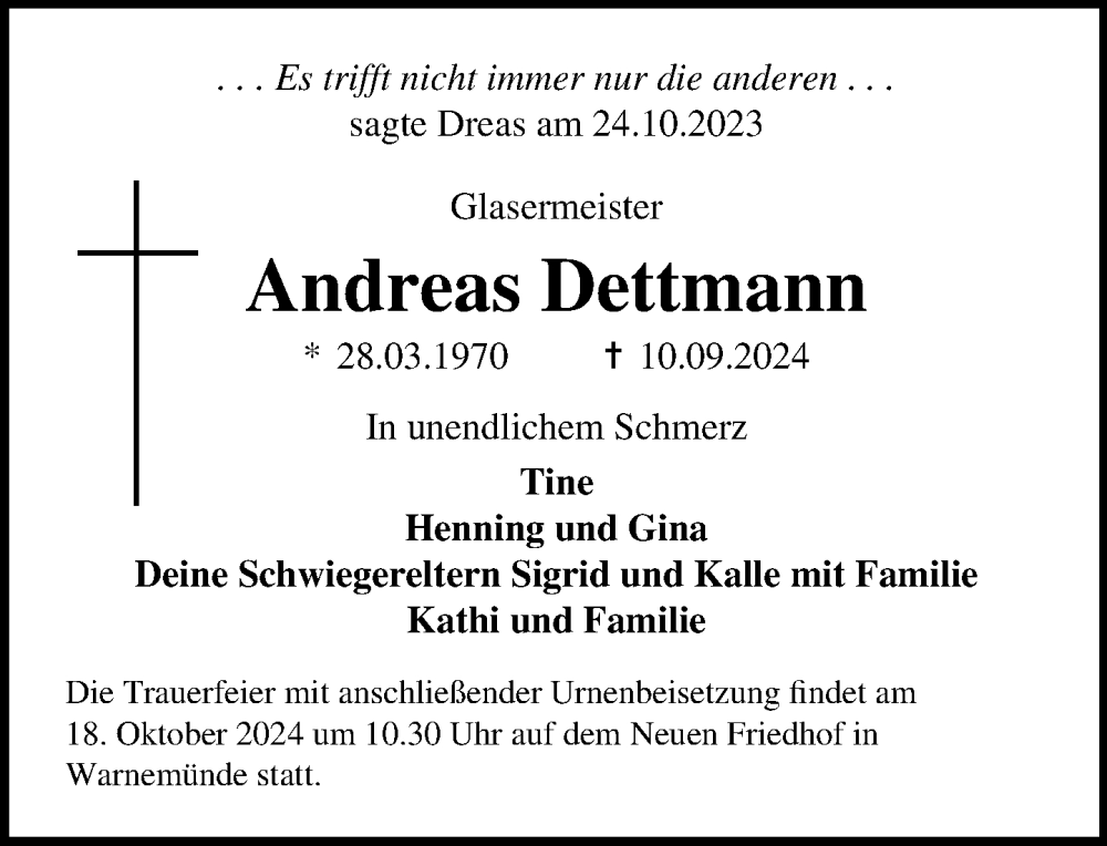  Traueranzeige für Andreas Dettmann vom 14.09.2024 aus Norddeutsche Neueste Nachrichten