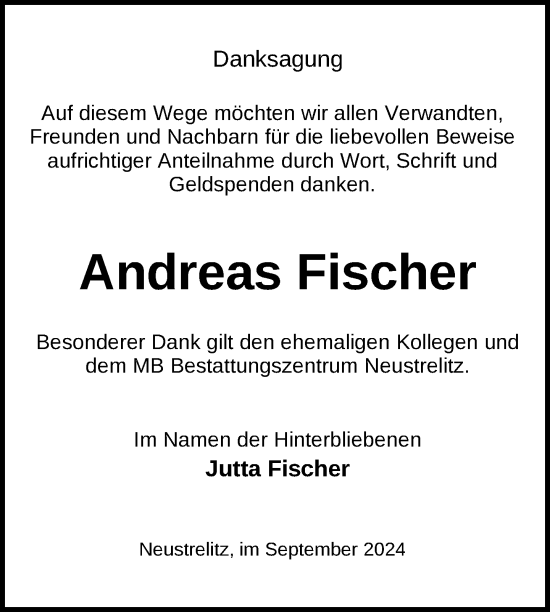 Traueranzeige von Andreas Fischer von Nordkurier Strelitzer Zeitung