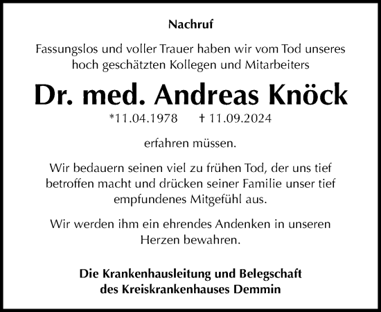 Traueranzeige von Andreas Knöck von Nordkurier Demminer Zeitung