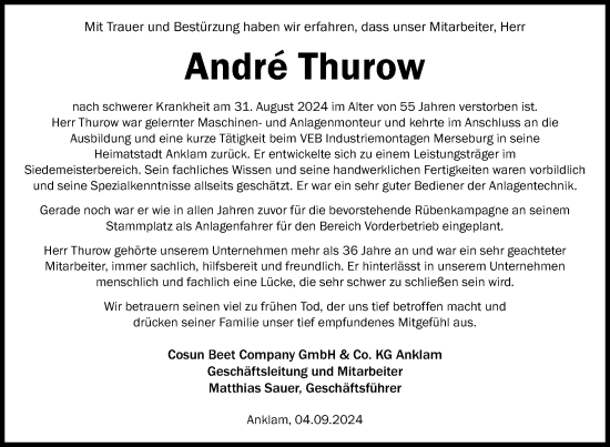 Traueranzeige von André Thurow von Nordkurier Vorpommern Kurier