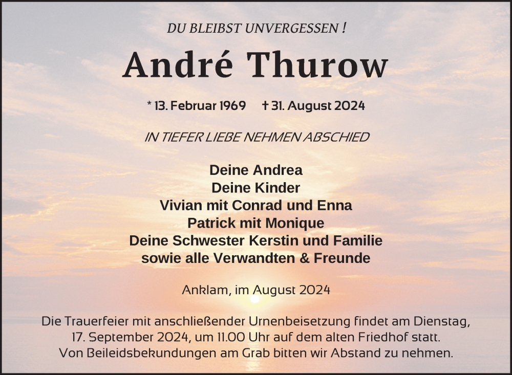  Traueranzeige für André Thurow vom 07.09.2024 aus Nordkurier Vorpommern Kurier