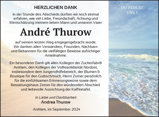 Traueranzeige von André Thurow von Nordkurier Vorpommern Kurier