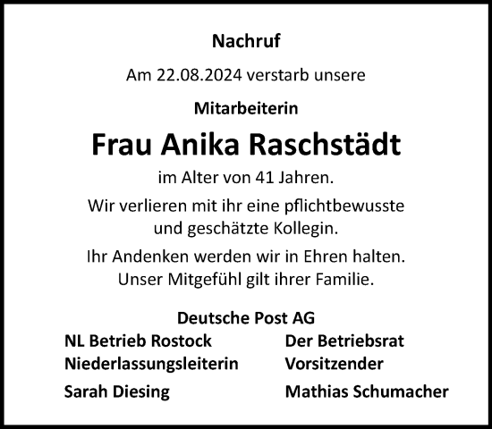 Traueranzeige von Anika Raschstädt von Norddeutsche Neueste Nachrichten