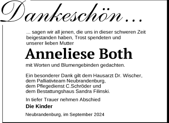 Traueranzeige von Anneliese Both von Nordkurier Neubrandenburger Zeitung