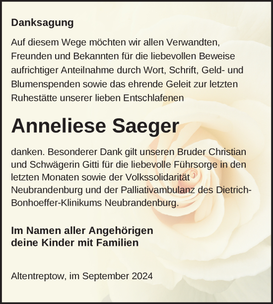 Traueranzeige von Anneliese Saeger von Nordkurier Neubrandenburger Zeitung