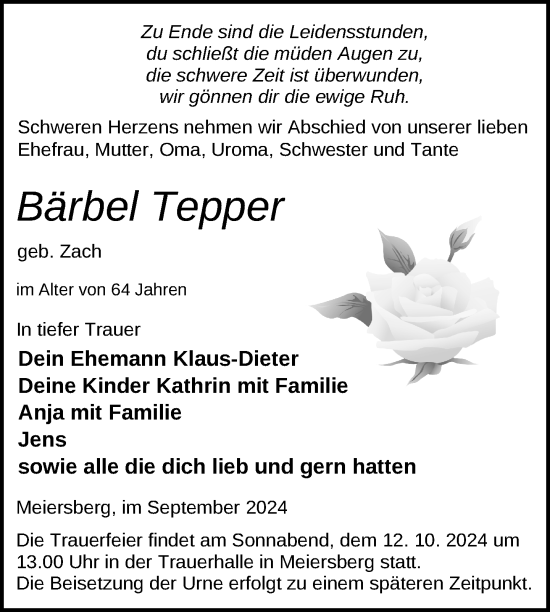 Traueranzeige von Bärbel Tepper von Nordkurier Haff-Zeitung