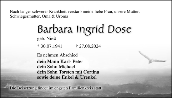 Traueranzeige von Barbara Ingrid Dose von Norddeutsche Neueste Nachrichten