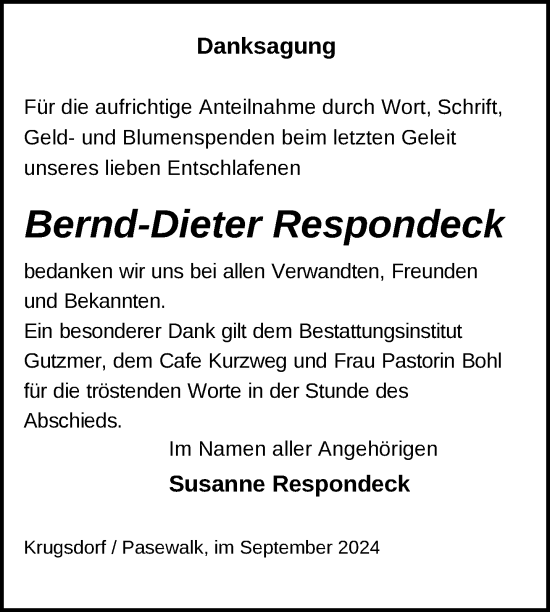 Traueranzeige von Bernd-Dieter Respondeck von Nordkurier Pasewalker Zeitung