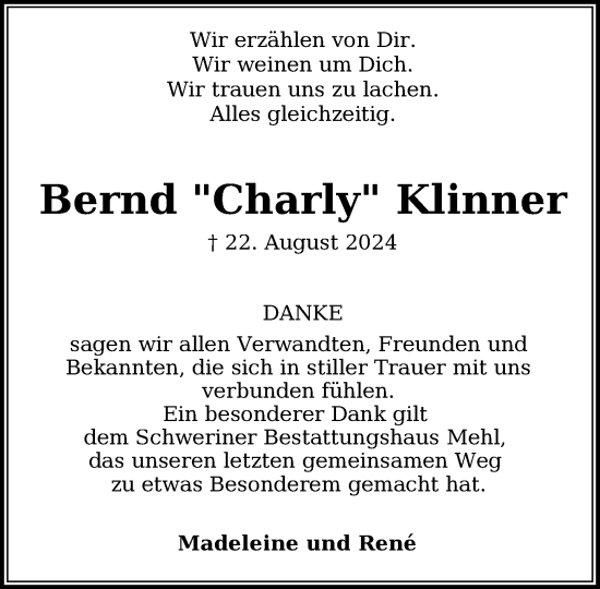 Traueranzeige von Bernd Klinner von Zeitung für die Landeshauptstadt