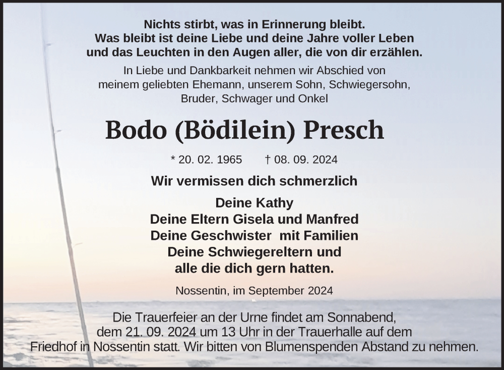  Traueranzeige für Bodo Presch vom 14.09.2024 aus Nordkurier Müritz-Zeitung