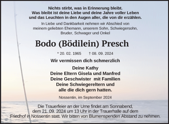 Traueranzeige von Bodo Presch von Nordkurier Müritz-Zeitung