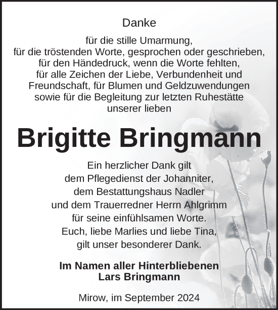 Traueranzeige von Brigitte Bringmann von Nordkurier Strelitzer Zeitung