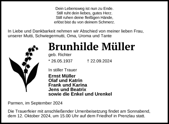 Traueranzeige von Brunhilde Müller von Uckermark Kurier Prenzlauer Zeitung