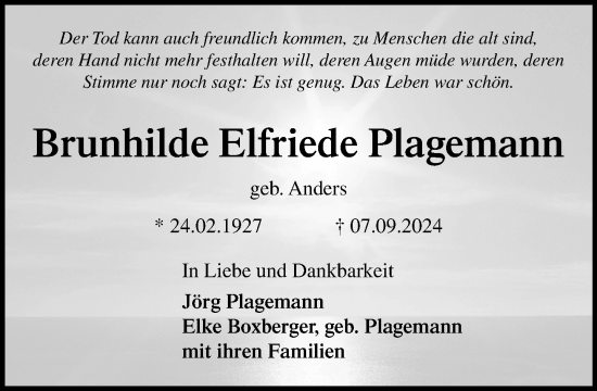 Traueranzeige von Brunhilde Elfriede Plagemann von Norddeutsche Neueste Nachrichten