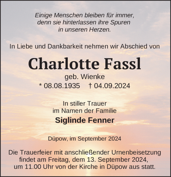 Traueranzeige von Charlotte Fassl von Der Prignitzer, Prignitz Express