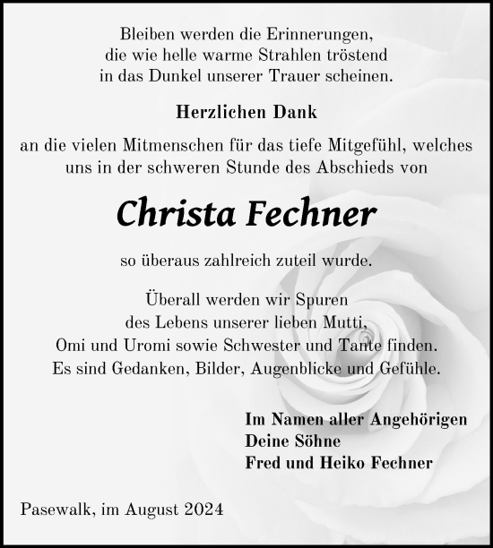 Traueranzeige von Christa Fechner von Nordkurier Pasewalker Zeitung