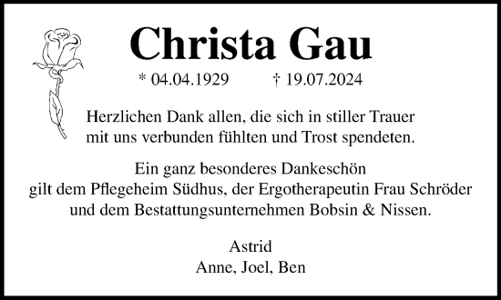 Traueranzeige von Christa Gau von Norddeutsche Neueste Nachrichten