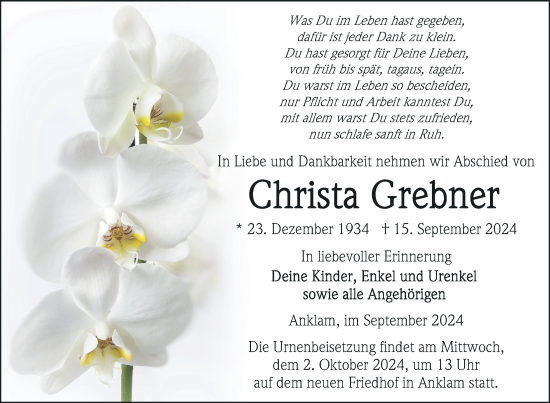 Traueranzeige von Christa Grebner von Nordkurier Vorpommern Kurier