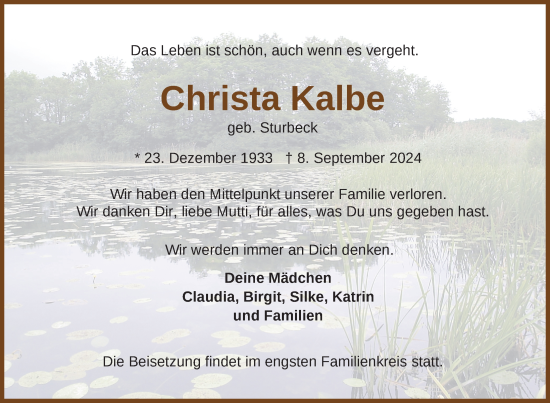 Traueranzeige von Christa Kalbe von Nordkurier Müritz-Zeitung