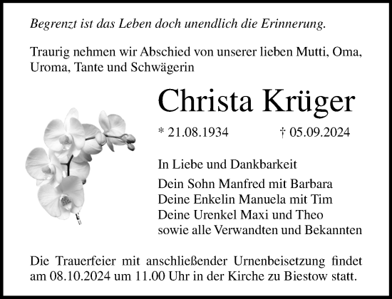 Traueranzeige von Christa Krüger von Norddeutsche Neueste Nachrichten