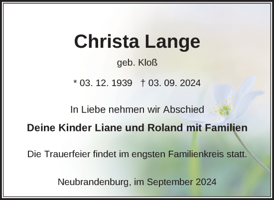 Traueranzeige von Christa Lange von Nordkurier Neubrandenburger Zeitung